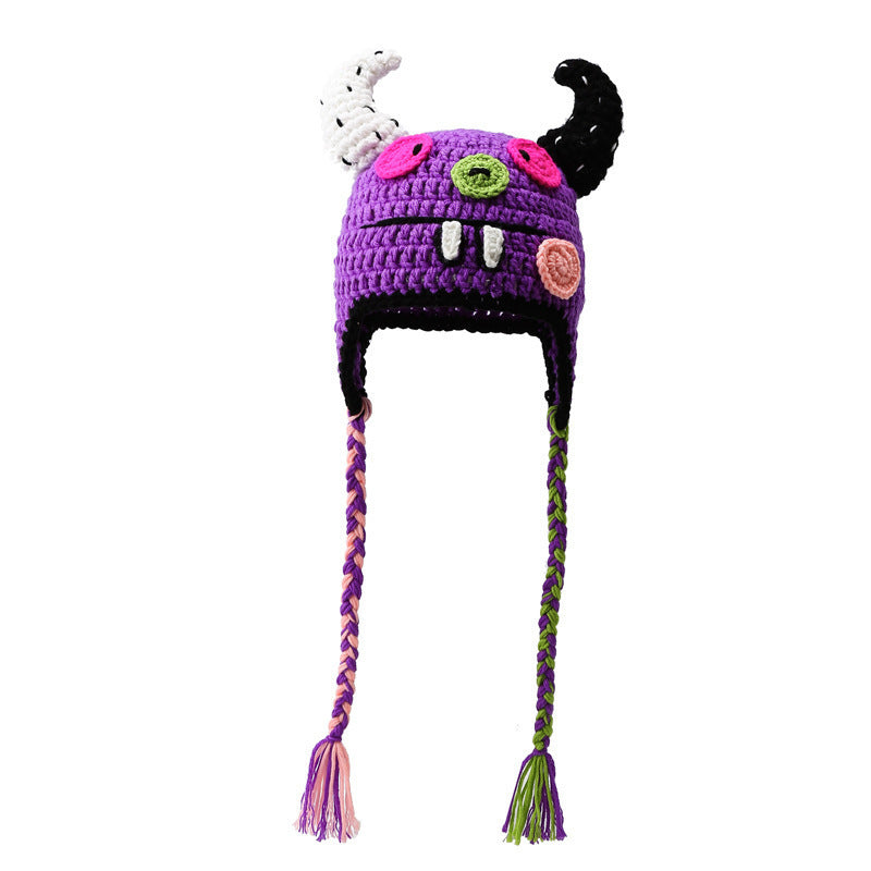 Wholesale Funny warm wool hat for women autumn and winter long braid green knitted pullover hat trendy thickened